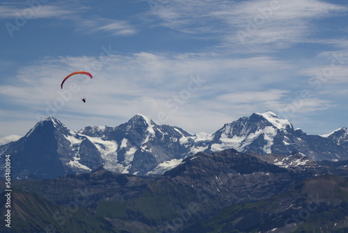 View from the Niesen Mountain on a paraglider over the Eiger, Monk & Virgin near Thun in Switzerland