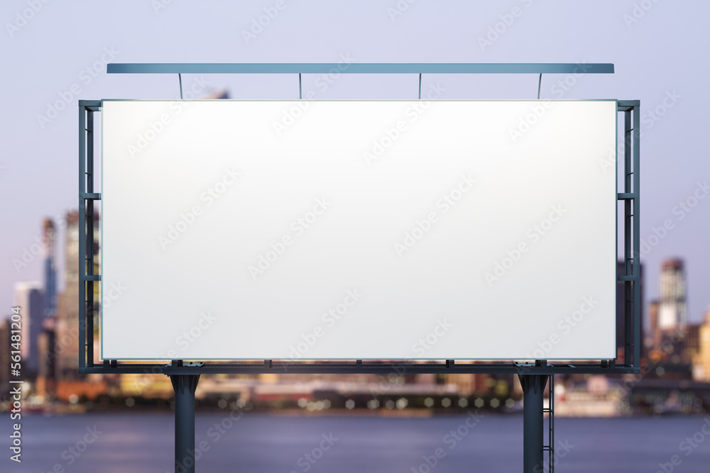 Blank white horizontal billboard on skyline background at evening, front view. Mock up, advertising concept Blank white horizontal billboard on skyline background at evening, front view. Mock up, advertising concept