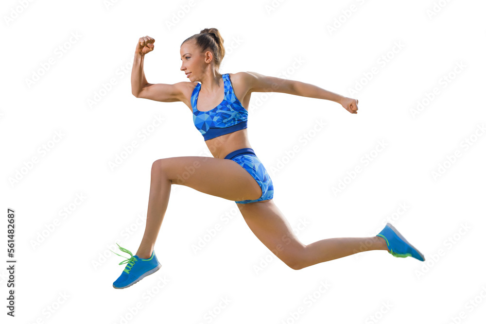  Fit young woman jumping and running at free PNG background  - Young woman running.