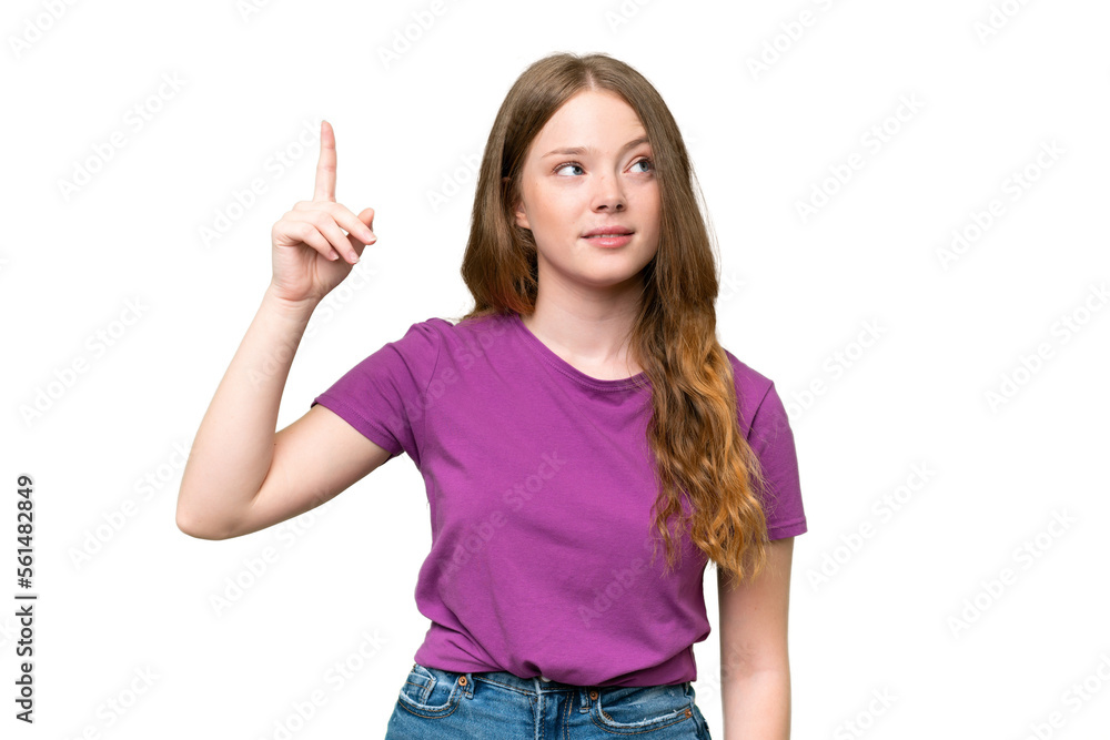 Young pretty woman over isolated background intending to realizes the solution while lifting a finger up Young pretty woman over isolated background intending to realizes the solution while lifting a finger up