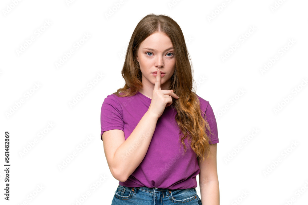 Young pretty woman over isolated background showing a sign of silence gesture putting finger in mouth Young pretty woman over isolated background showing a sign of silence gesture putting finger in mouth