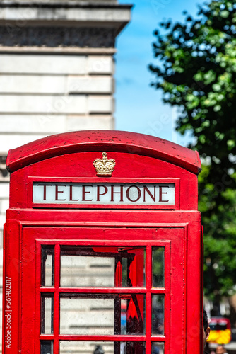 Traditional British Red Telephone Box in central London, England, United Kingdom.