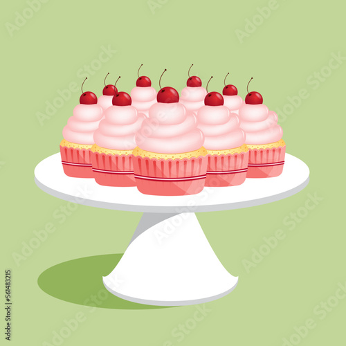 Many flavor cupcakes with red cherries on a white platter, vector Illustration