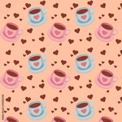 Seamless pattern with pink and blue coffee cups and chocolate hearts on a beige background. Vector illustration
