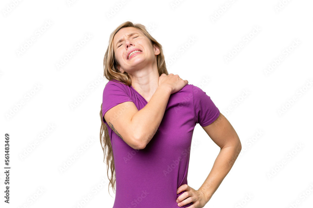 Young blonde woman over isolated background suffering from pain in shoulder for having made an effort Young blonde woman over isolated background suffering from pain in shoulder for having made an effort