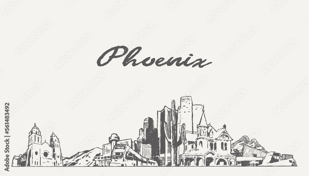 Phoenix skyline, Arizona, USA, hand drawn, sketch