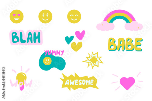 Collection of cute stickers. Funky, hipster stickers. y2k style.