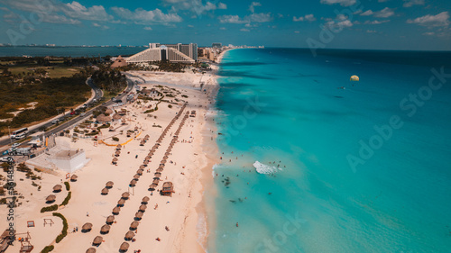 Aerial drone photo of a beach in Cancun, Mexico. Beautiful vacation place with turquoise blue ocean