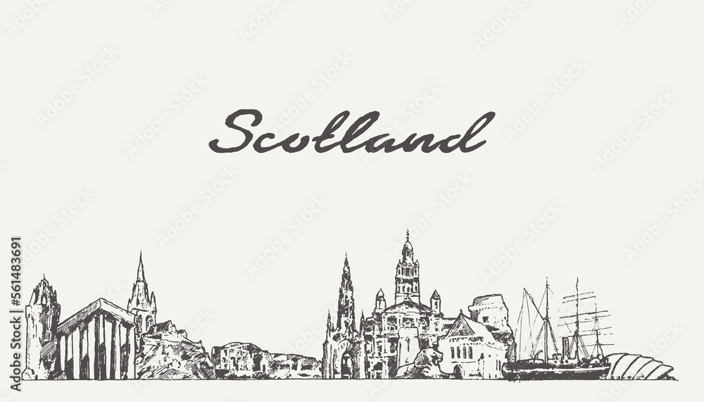 Scotland skyline United Kingdom hand drawn, sketch