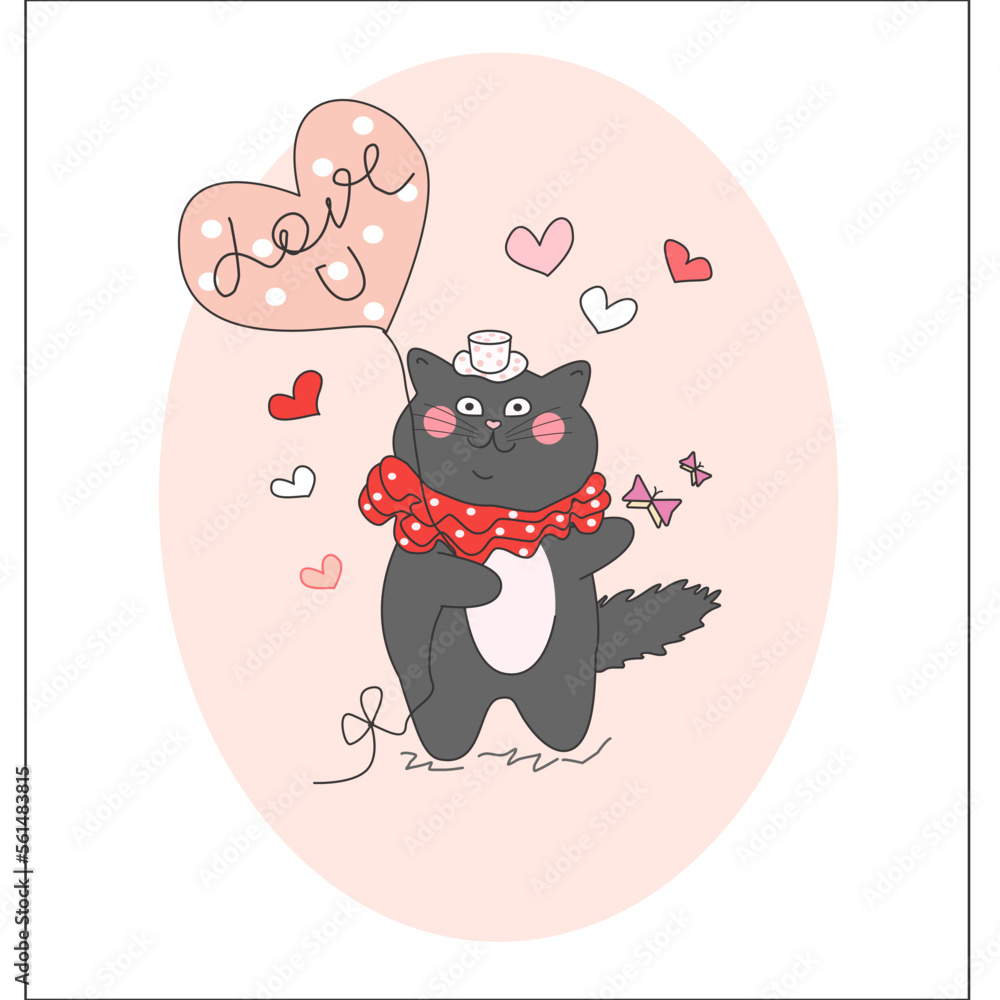 Love you. Gray cat with a heart-shaped ball in a small beautiful hat and jabot on a pink pastel background with butterflies and love. Love you. Gray cat with a heart-shaped ball in a small beautiful hat and jabot on a pink pastel background with butterflies and love.