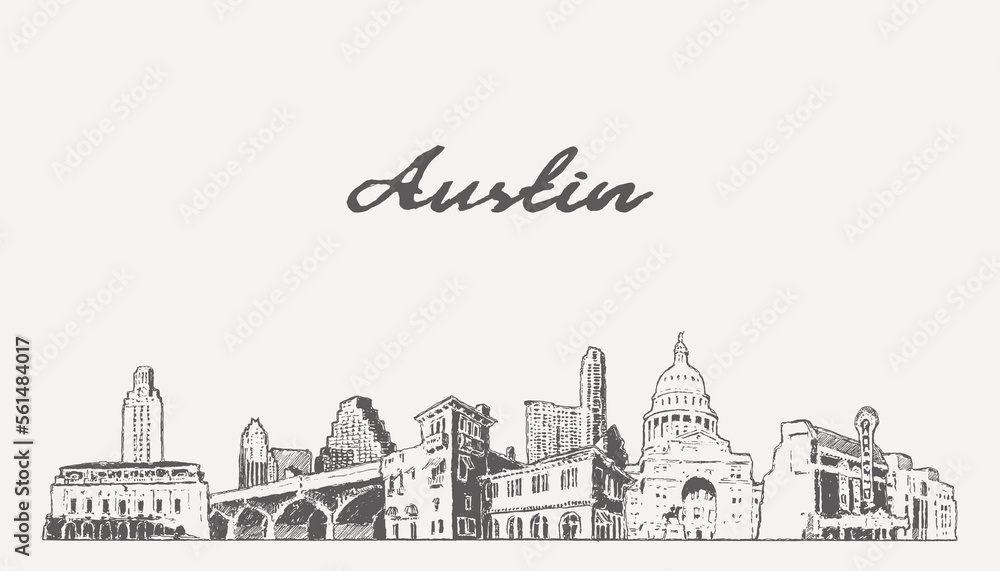 Austin skyline, Texas, USA, hand drawn, sketch
