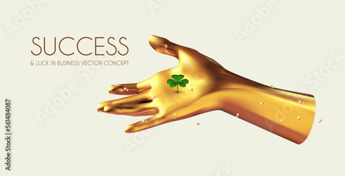Success and finance luck concept with realistic gold hand and shamrock(symbol of luck). Win, achieve, bonus, sale, special offer, making money and so on design template.