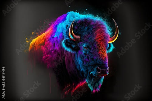 Painted animal with paint splash painting technique on colorful background bison photo