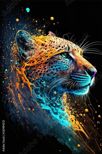 Painted animal with paint splash painting technique on colorful background cheetah photo