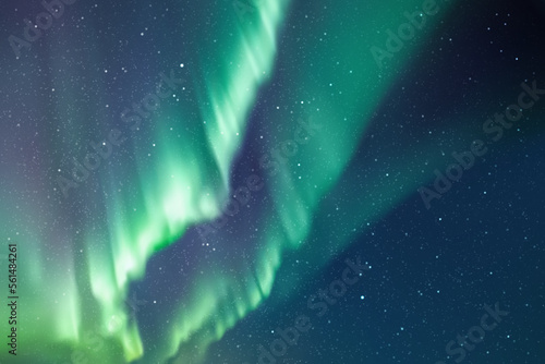 Night starry sky and Northern lights. Green aurora borealis