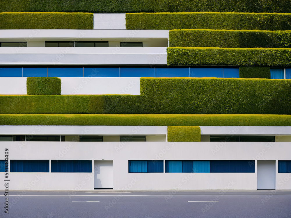 Modern architecture. With plants overgrown building facade. Generative AI
