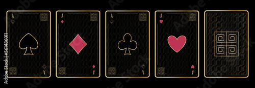 Four aces Set of playing card suits and back design Golden gradient color on black background Art deco style Isolated vector illustration