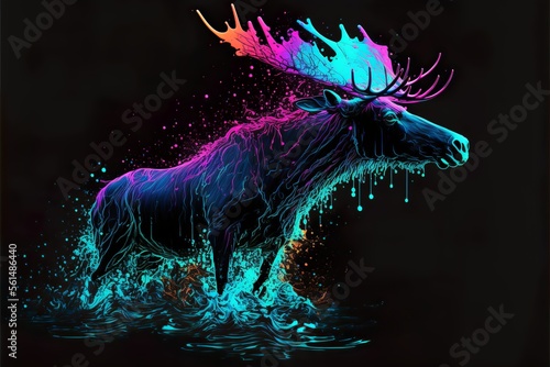 Painted animal with paint splash painting technique on colorful background moose photo