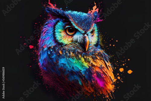 Painted animal with paint splash painting technique on colorful background owl  photo