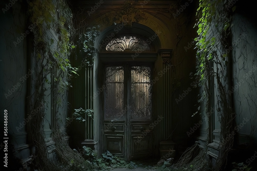 Abandoned old Tudor mansion interior. Doorway with moss and ivy. Rusty old room.