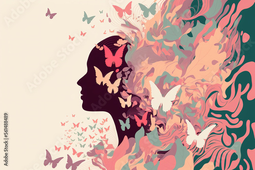 Female profile silhouette with butterflies and plants. AI generated image.