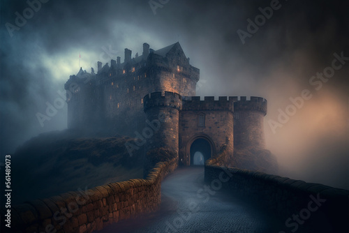 Leinwand Poster Medieval Castle in Scotland, Foggy, Generative AI