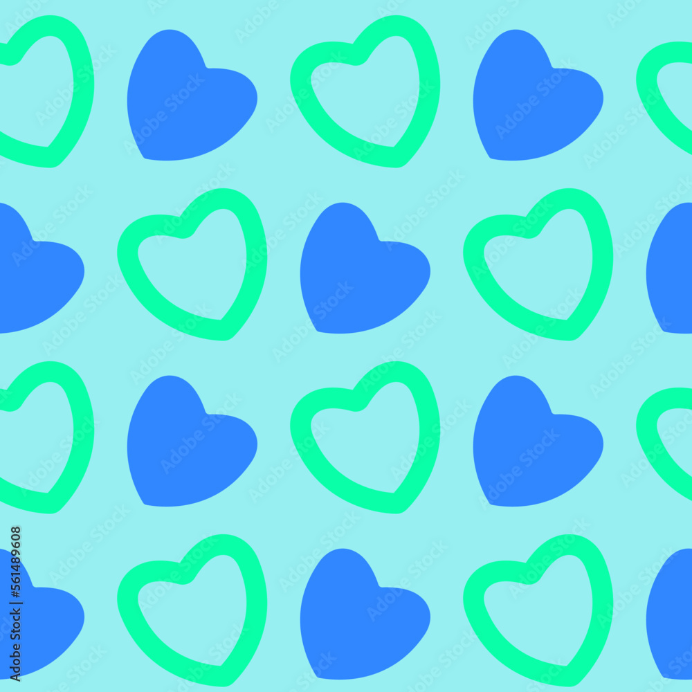 Pattern with empty and filled hearts in blue and mint colors on a light blue background. Seamless background for the design of romantic cards, covers, wallpapers, posters, flyers, gift wrapping, etc. 