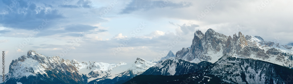 Beautiful winter mountain panorama. View from Rittner Horn (Italy). 