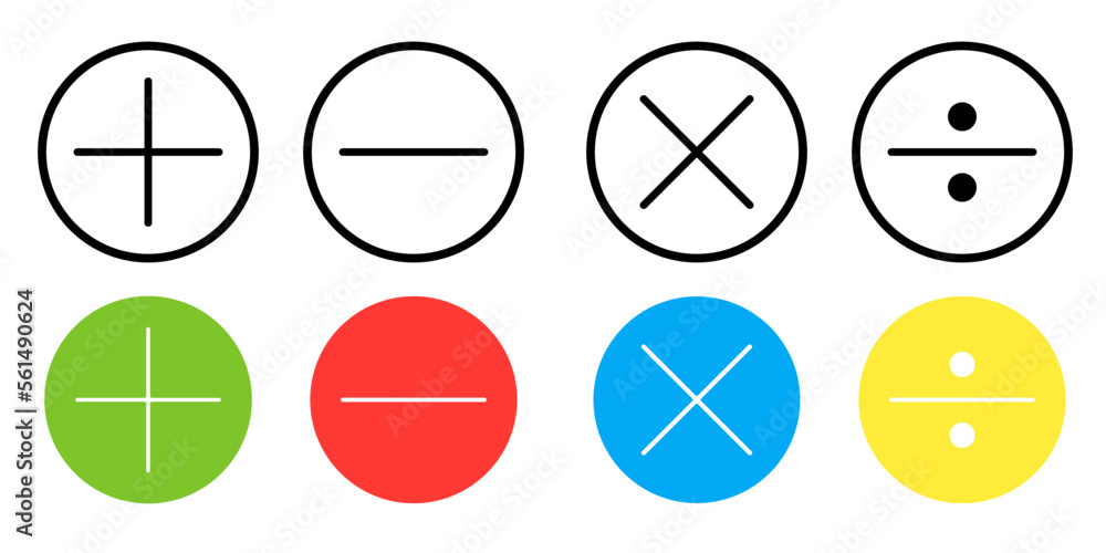 Basic math symbol, mathematics symbol icon with outline and colored Basic math symbol, mathematics symbol icon with outline and colored