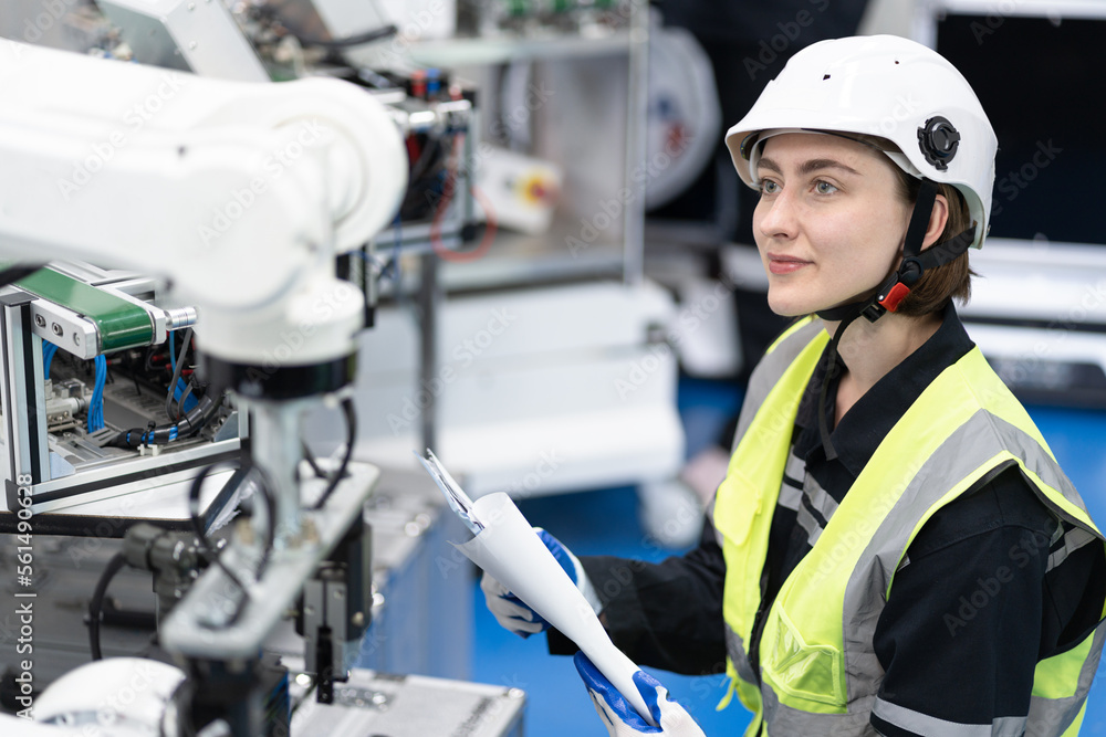 Engineer caucasian woman checking arm robot in the machine lap Engineer caucasian woman checking arm robot in the machine lap