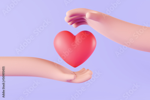 3d icon red heart in hand. cartoon arm holding gesture. hand give red heart. Realistic illustration of donation love or charity for appreciation social media isolated on purple background 3d rendering