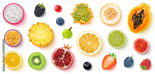 Fruits and berries isolated on white background  top view  flat lay