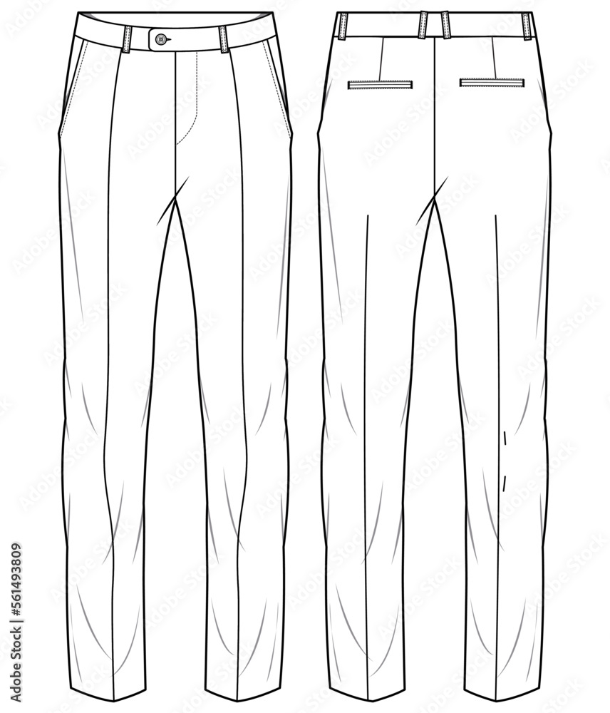 Men's formal trouser pant front and back view flat sketch fashion ...