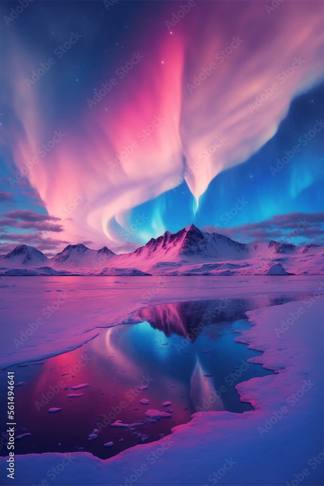 Pink and purple aurora borealis over glacier Generative AI