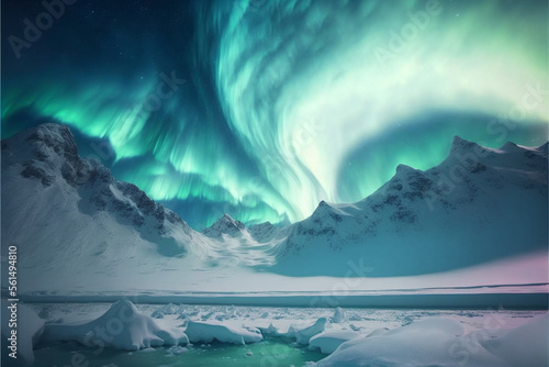 Blue and green aurora borealis over glacier Generative AI
