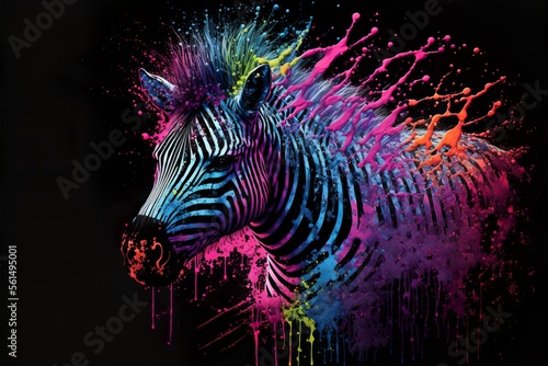 Stampa su tela Painted animal with paint splash painting technique on colorful background zebra