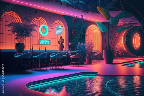 Surreal retro-future pool lounge with neon signs and cocktails.Generative AI