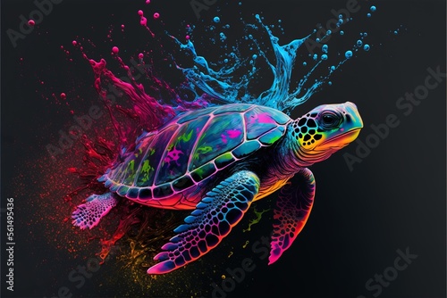 Fotografia Painted animal with paint splash painting technique on colorful background turtl