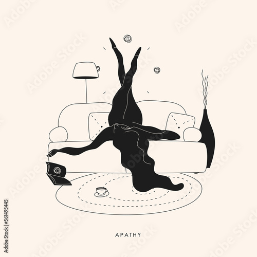 Bored lazy woman lying on sofa at home. Apathy hand drawn vector illustration. 
