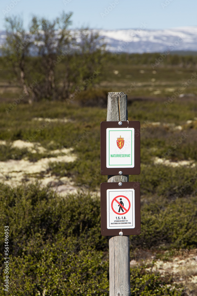 Sign No Entry at a protected naturreservat in the Dovrefjell national park in Norway Sign No Entry at a protected naturreservat in the Dovrefjell national park in Norway