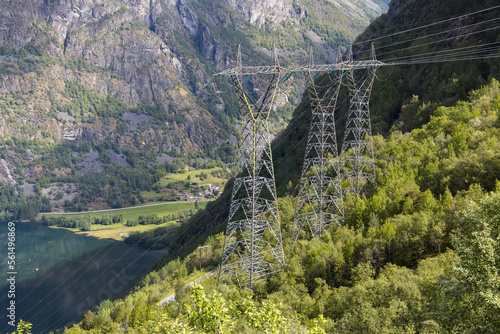 Impressive power poles for electricity transmission in the Aurlandsfjord in Norway