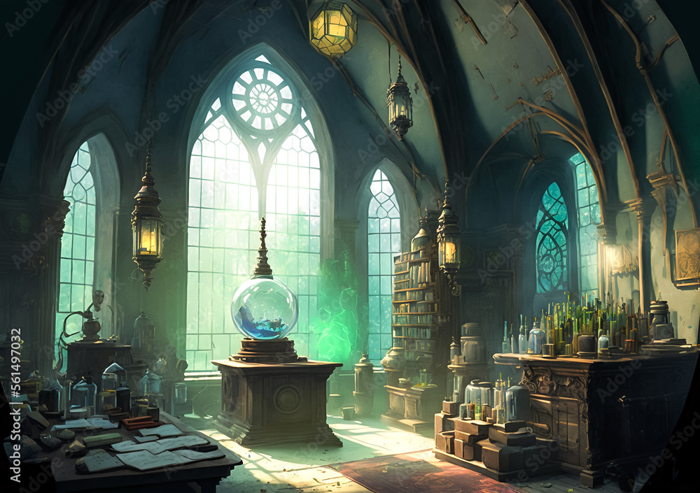 Alchemist office with laboratory fixtures, cabinet in an old palace with  stained-glass windows Stock Illustration | Adobe Stock