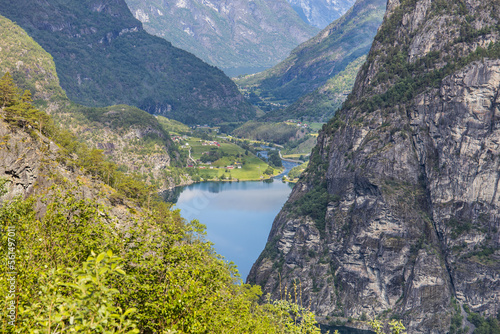 The Aurlandsfjord in Norway surrounded by high mountain cliffs
