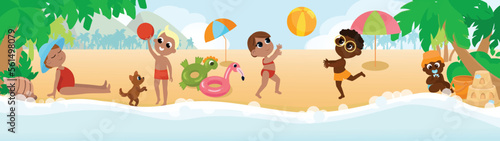A multicultural group of children playing on the seashore with a ball, with a dog, building sandcastles, sunbathing and having fun. Children are happy and cheerful. Horizontal banner in cartoon style.