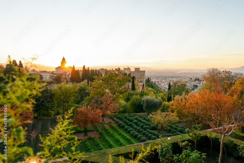Sunset over ancieat arabic Alhambra in Granada, Spain on November 26, 2022
