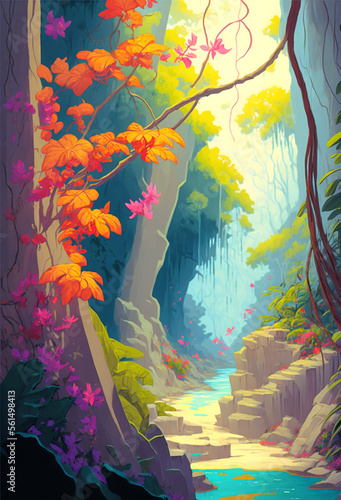 Mountain river in the jungle, torpical landscape, digital illustration photo