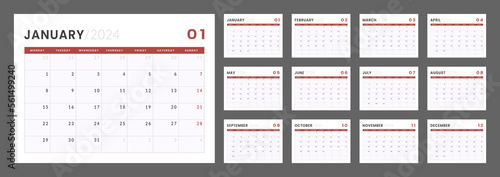 2024 Calendar Planner Template. Vector layout of a wall or desk simple calendar with week start monday. Minimalist corporate calendar design for print