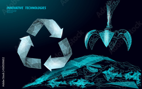 3d Waste crane arm claw. Low poly polygonal garbage landfill industrial eco banner. Planet global pollution grabber ecology vector illustration