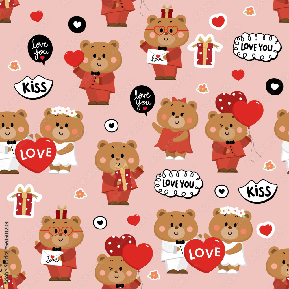 Fototapeta premium Happy Valentine's day seamless pattern with cute bear in red and white costumes, heart, gift and balloon. Animal in love holidays cartoon character and wallpaper. - Vector