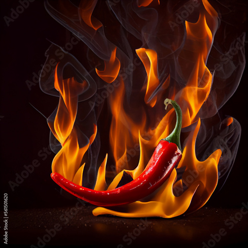 Red chili with burning fire flame on black background. Generative AI